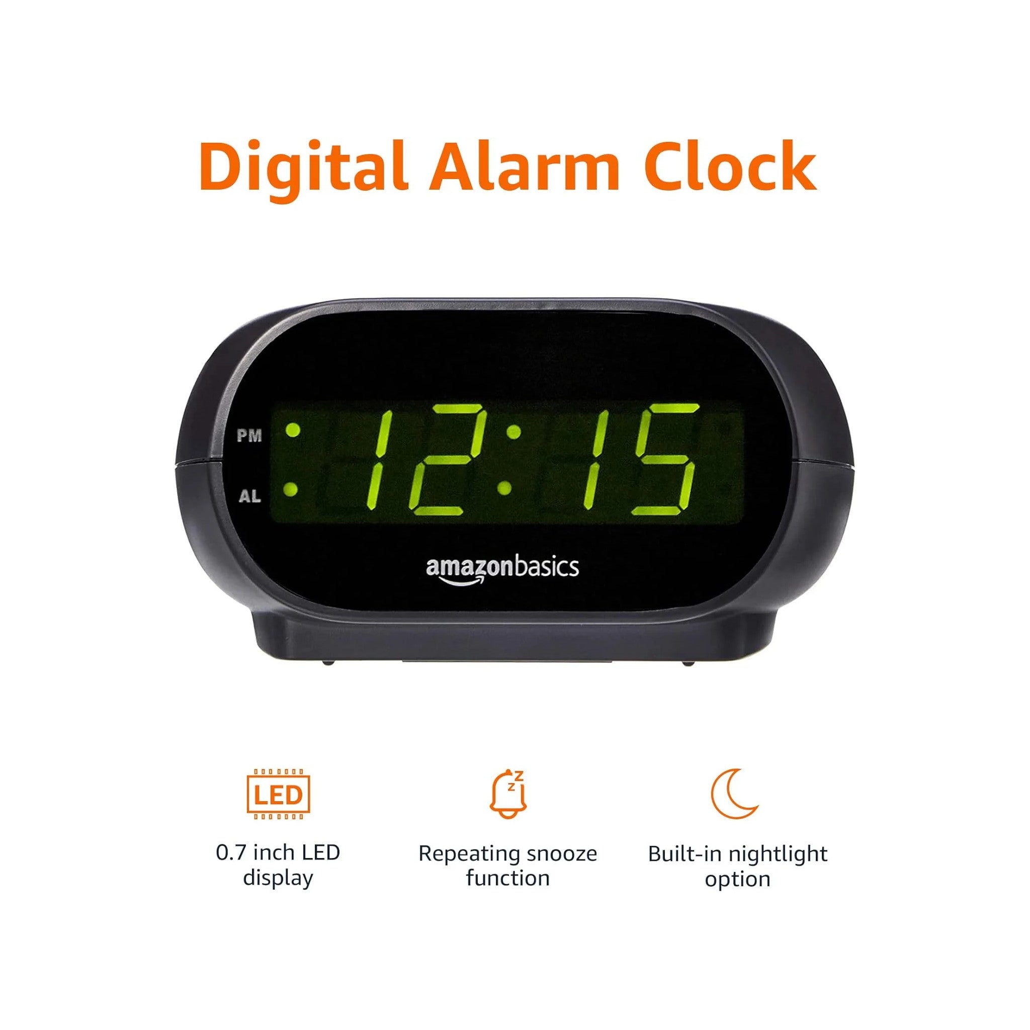 Amazon Basics Small Digital Oval Alarm Clock With LED Display, Nightlight & Battery Backup, Black, 4.5 x 3.5 x 2.4 Inches