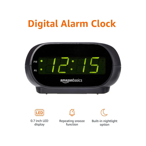 Amazon Basics Small Digital Oval Alarm Clock With LED Display, Nightlight & Battery Backup, Black, 4.5 x 3.5 x 2.4 Inches