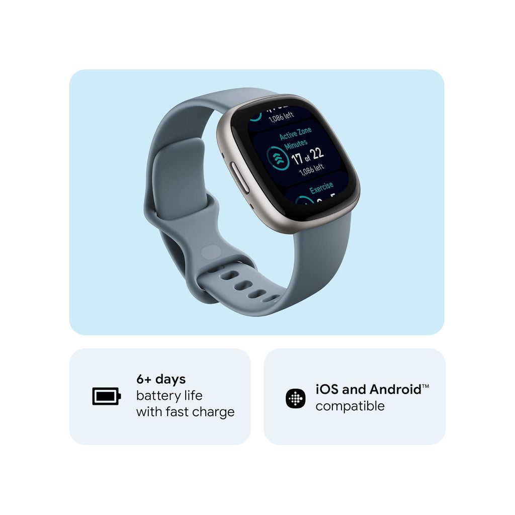 Fitbit Versa 4 Fitness Smartwatch with Daily Readiness, GPS, 24/7 Heart Rate, 40+ Exercise Modes, Sleep Tracking and more, Waterfall Blue/Platinum, One Size (S & L Bands Included) - image 1