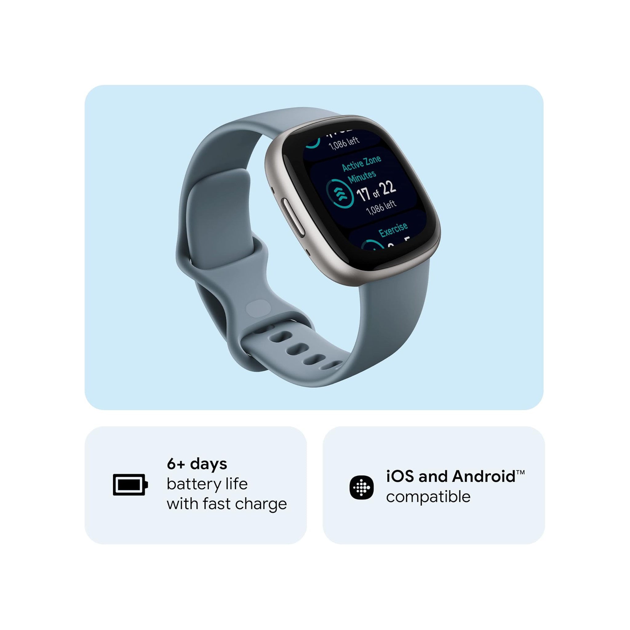 Fitbit Versa 4 Fitness Smartwatch with Daily Readiness, GPS, 24/7 Heart Rate, 40+ Exercise Modes, Sleep Tracking and more, Waterfall Blue/Platinum, One Size (S & L Bands Included) - image 1