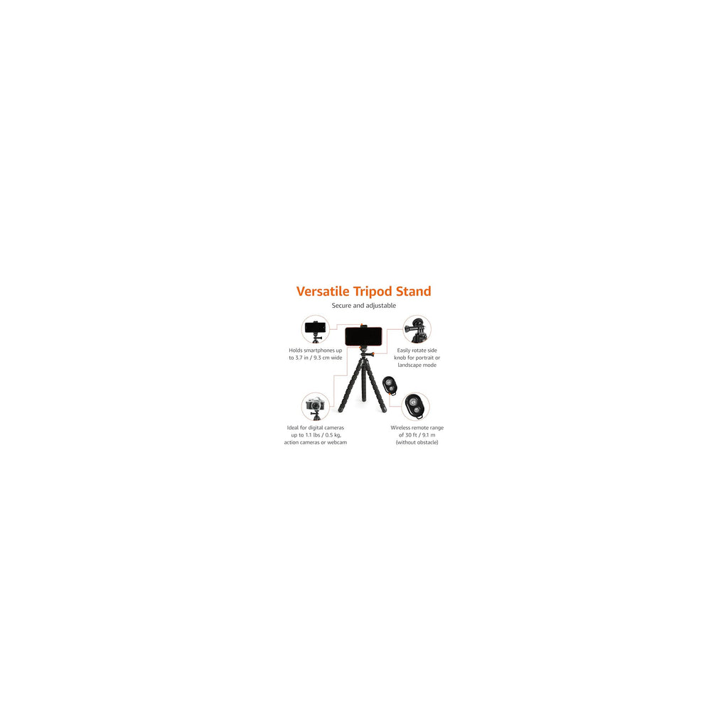 Amazon Basics Portable and Flexible Tripod with Wireless Remote and Smartphone Clamp, 10-inch long, Black - image 3