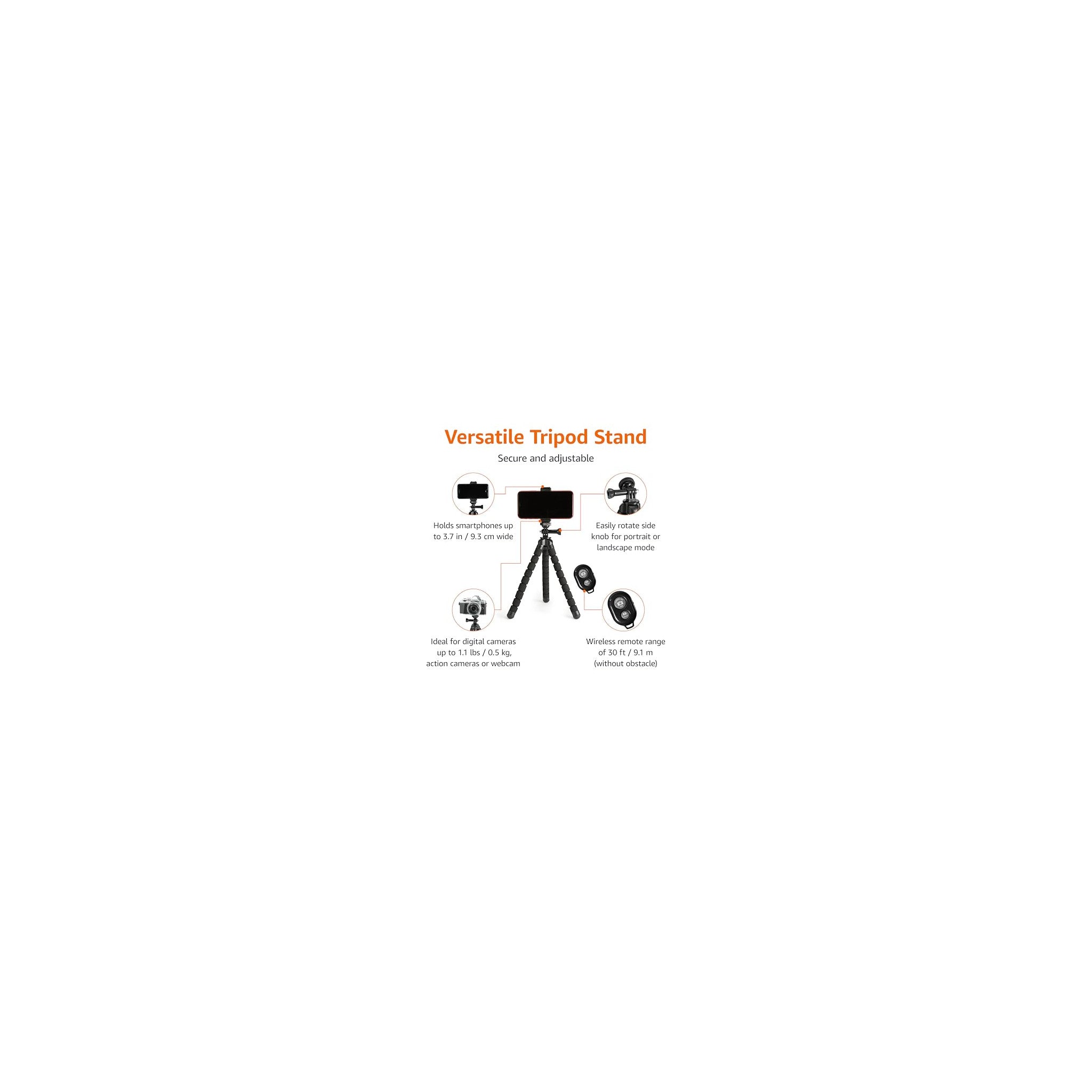 Amazon Basics Portable and Flexible Tripod with Wireless Remote and Smartphone Clamp, 10-inch long, Black - image 3