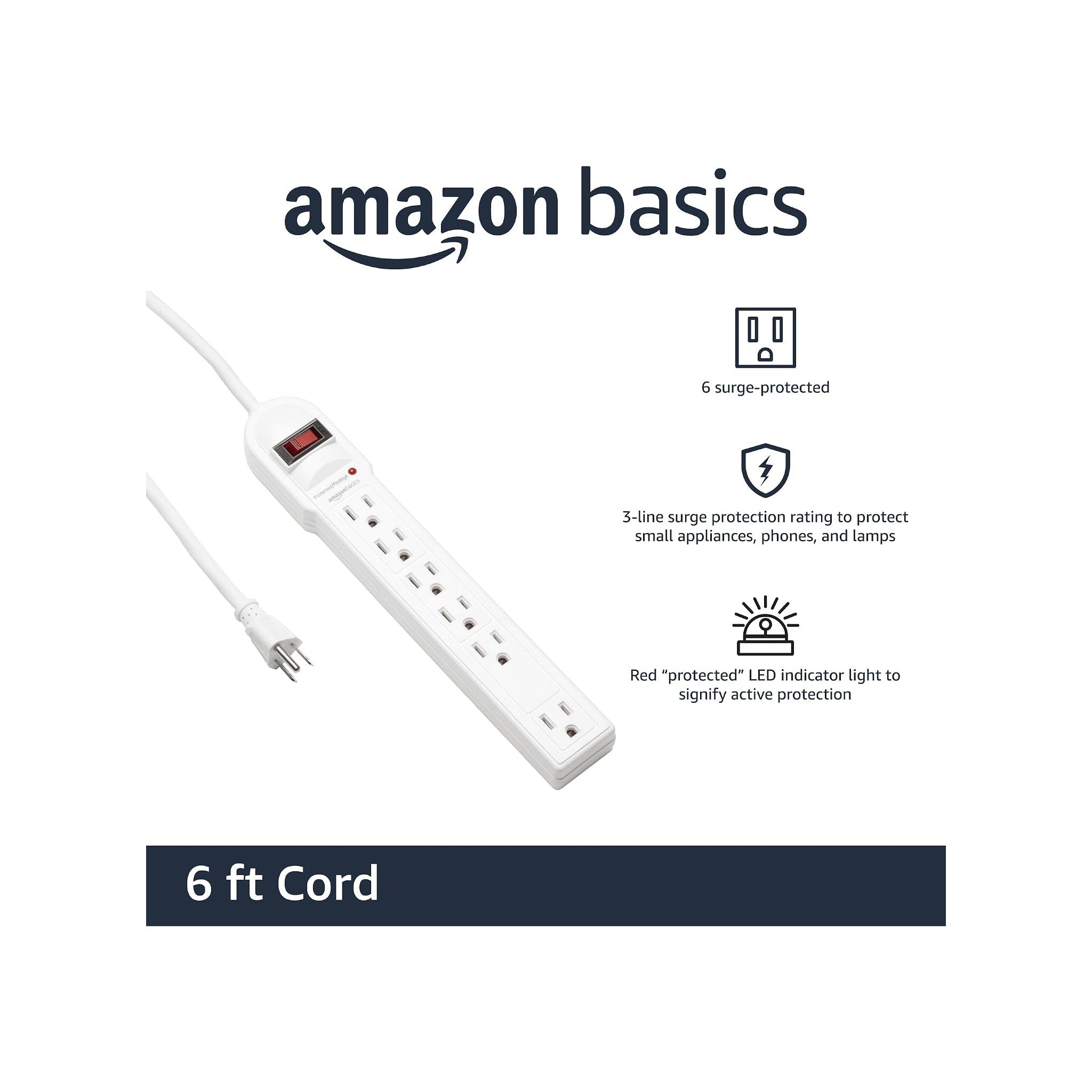 Amazon Basics Surge Protector Power Strip, 6-Outlet, 790 Joules, LED Indicator, 6ft Extension Cord, White - image 2