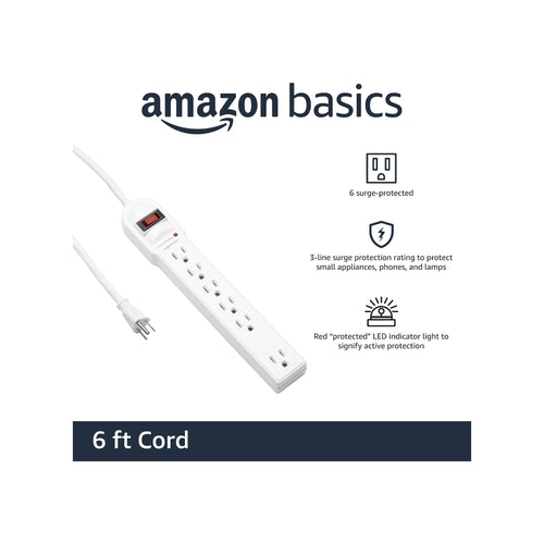 Amazon Basics Surge Protector Power Strip, 6-Outlet, 790 Joules, LED Indicator, 6ft Extension Cord, White - image 2