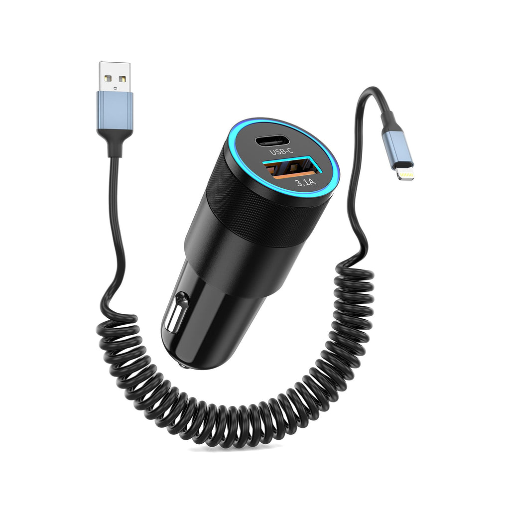 Amazon Basics 12W / 2.4A Car Charger with Coiled Lightning Cable for iPhone/iPad, MFi Certified Black - image 1