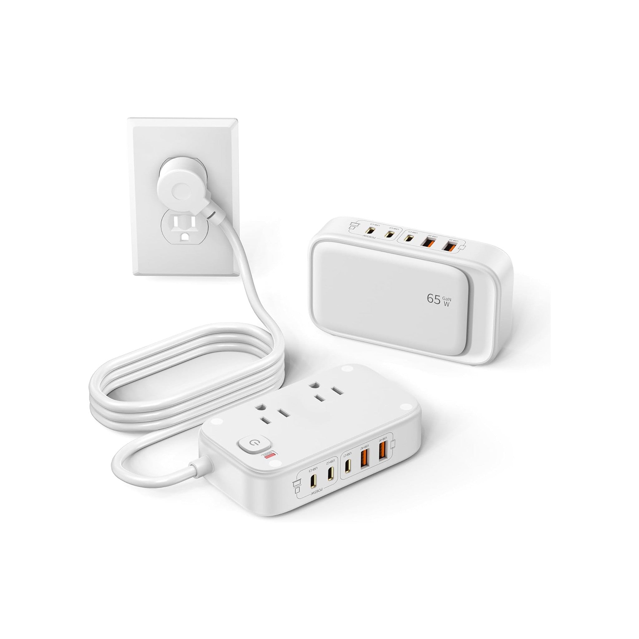 Three-outlet power strip with two USB-A ports and one USB-C charging port, white - image 1