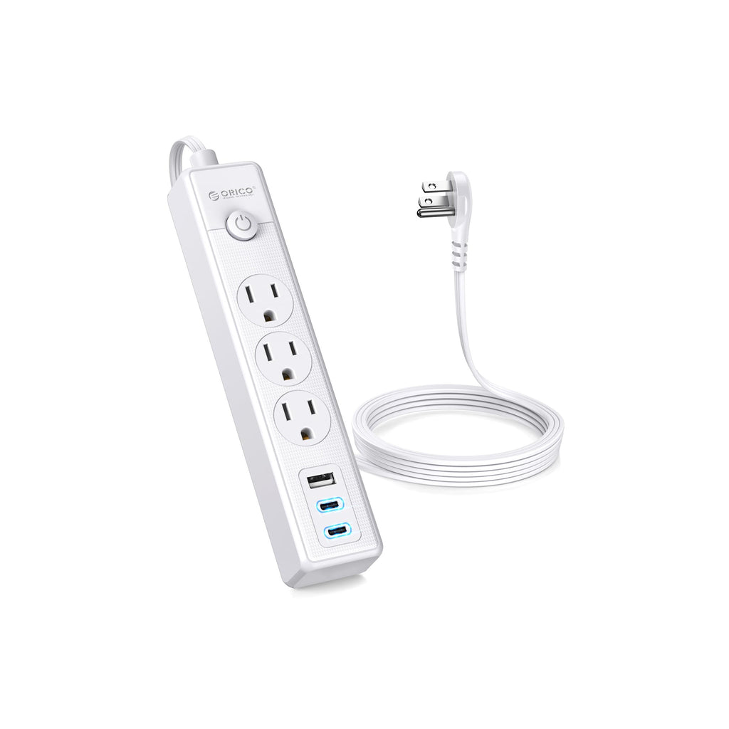 Three-outlet power strip with two USB-A ports and one USB-C charging port, white - image 2