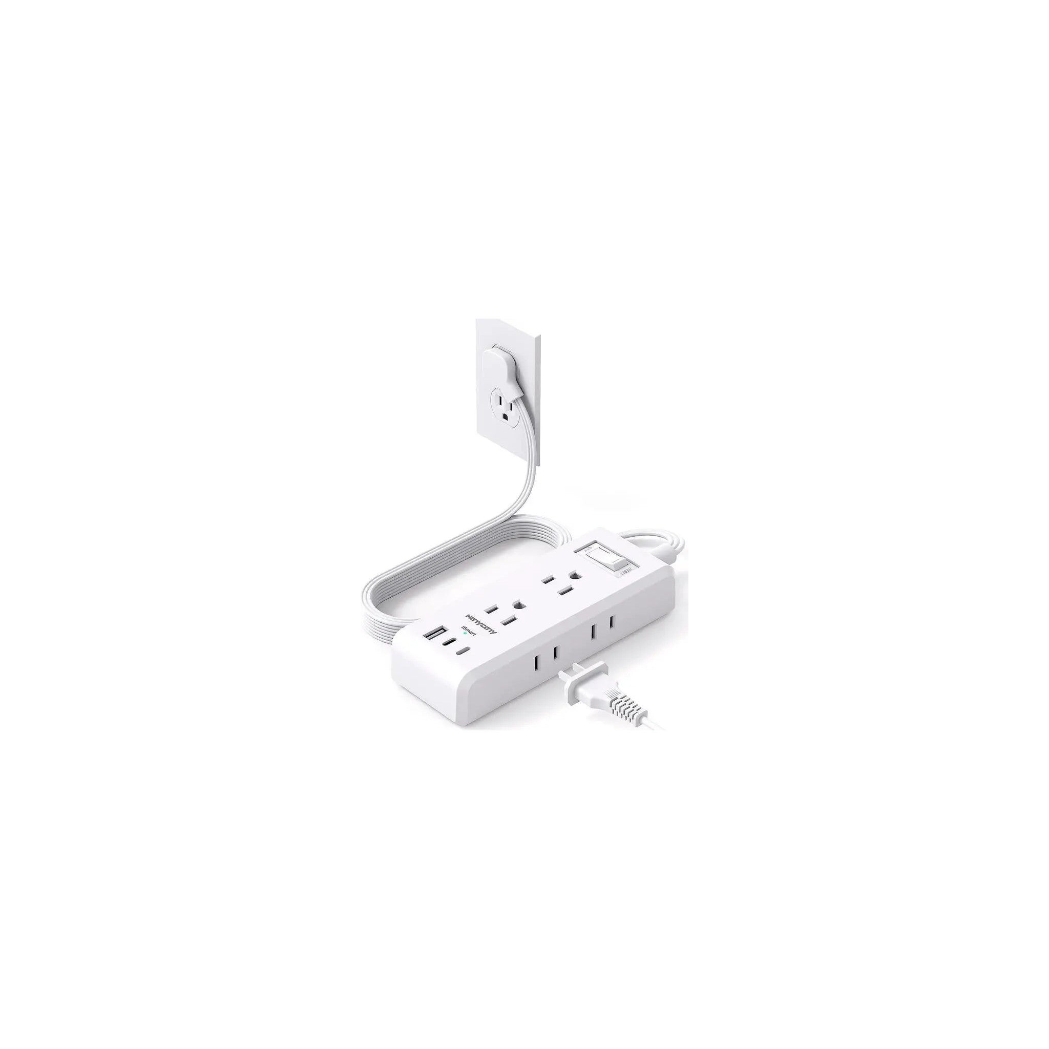 Three-outlet power strip with two USB-A ports and one USB-C charging port, white - image 3