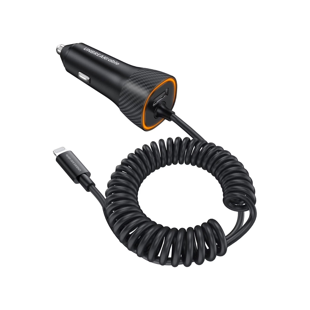 Vehicle Charger with Lightning CableBlack charger that plugs into a vehicle’s accessory/cigarette-lighter outlet, with an attached Lightning cable for compatible Apple devices. - image 1