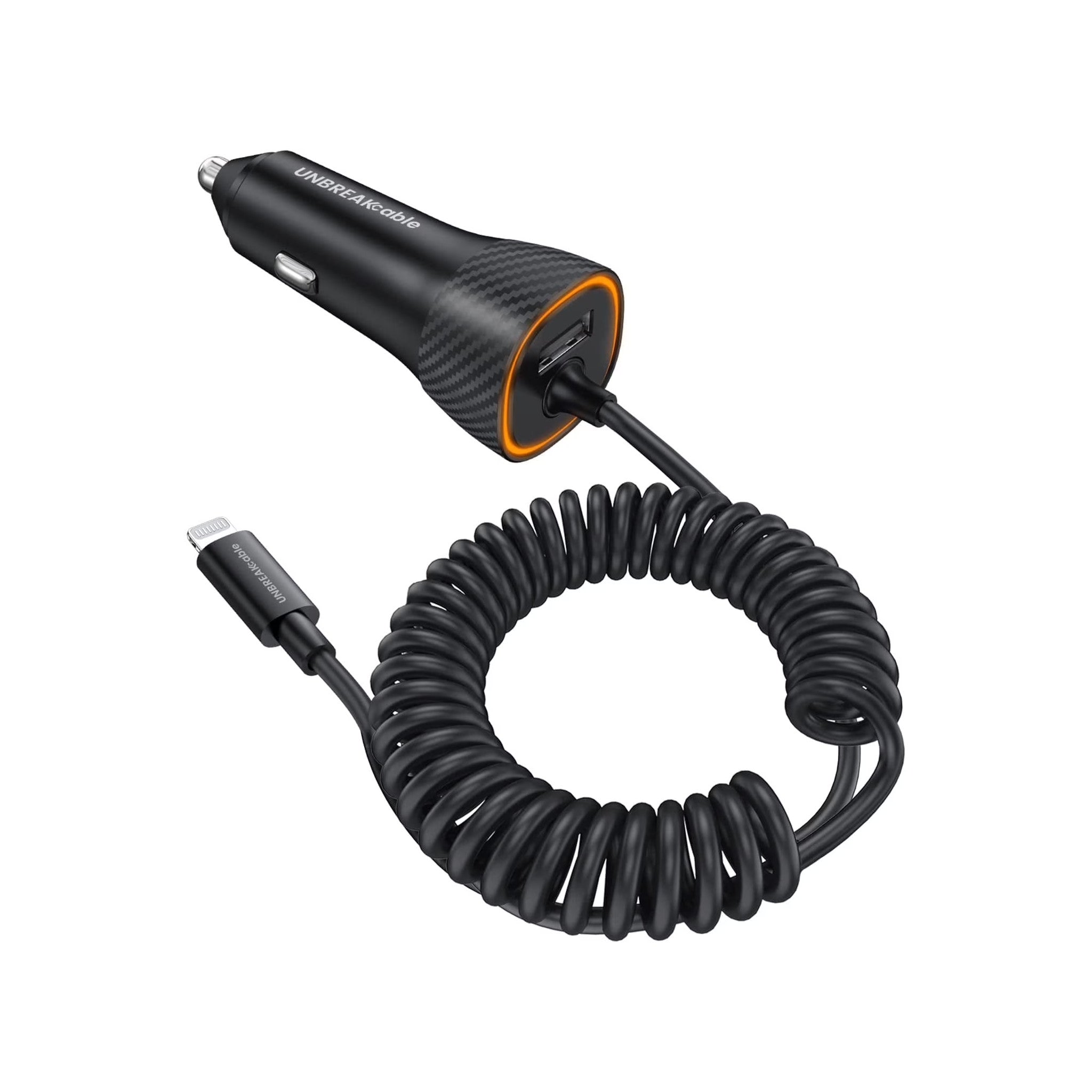 Vehicle Charger with Lightning CableBlack charger that plugs into a vehicle’s accessory/cigarette-lighter outlet, with an attached Lightning cable for compatible Apple devices. - image 1