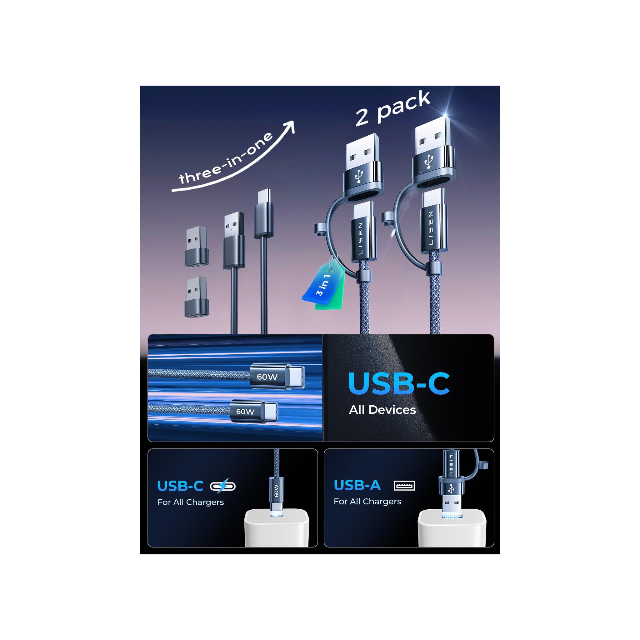 LISEN Braided USB-A to USB-C Navy Blue 6 FT - image 2
