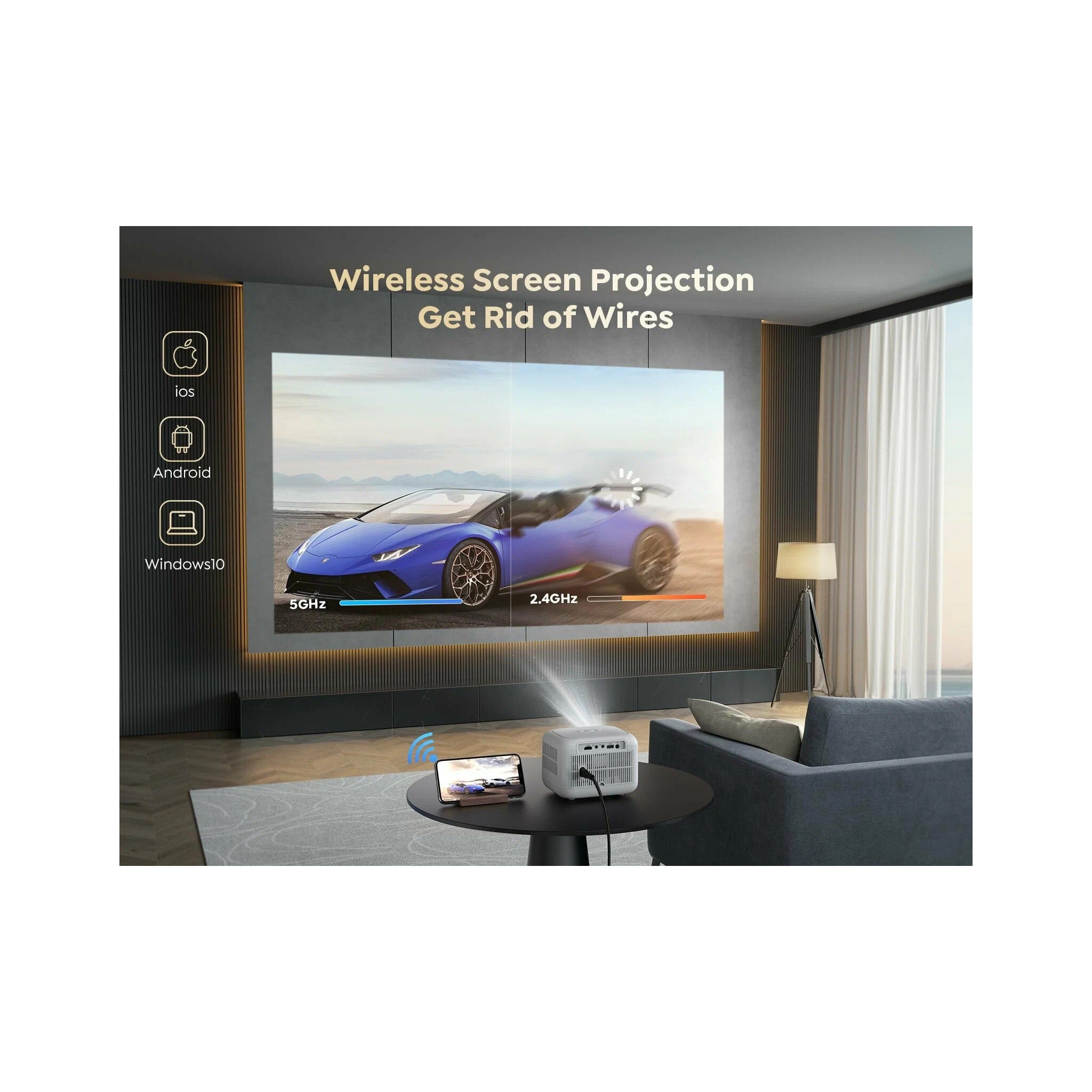 Mini Projector with WiFi and Bluetooth 5.1, 9500L Portable Movie Projector 1080P and 4K Supported, YABER V5 2023 Updated Mini Home Theater Projector with Tripod and Bag for Phone/PC/TV Stick-White - image 3