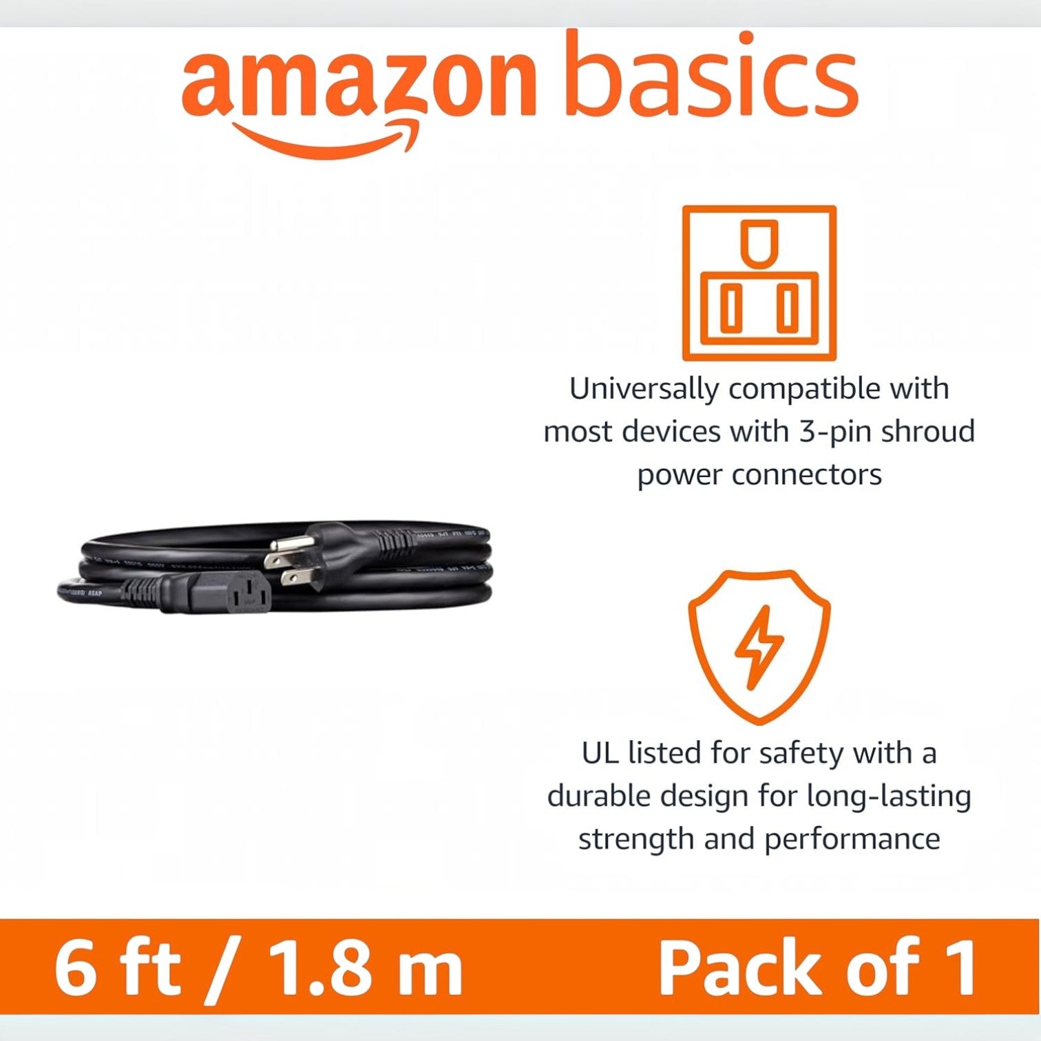 Amazon Basics PC Power Cord, 6 feet, AC Power Cord