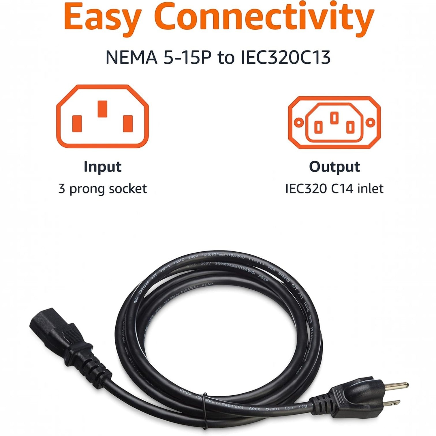 Amazon Basics PC Power Cord, 6 feet, AC Power Cord